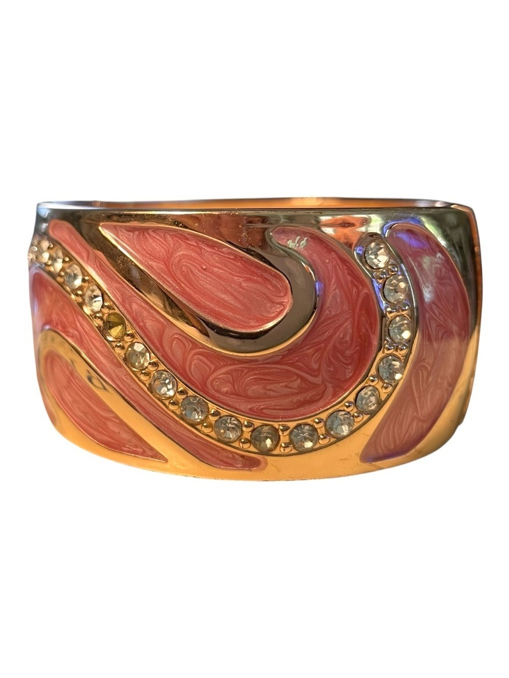 Gold-Tone Pink Enamel Crystal Accented Hinge Bangle Bracelet Dazzling
